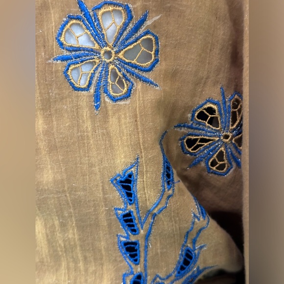 INDAH Bohemian Blue & Tan Cotton Kimono Coverup Cut-Out Floral Detail Top Sz S/M - Picture 5 of 9